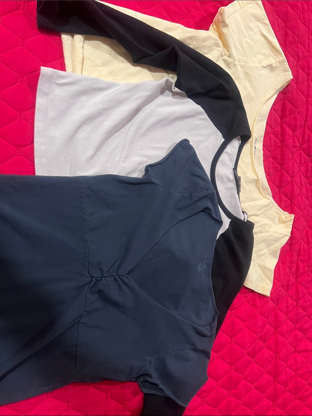 Brandy Melville Bundle of 3-Navy Short Sleeve Tee, White with Black & Yellow.